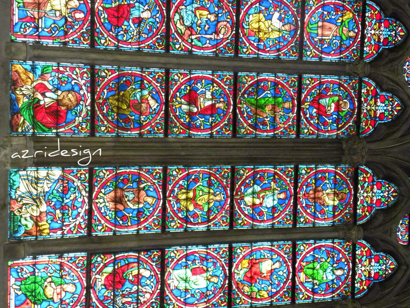 Notre Dame Cathedral interior medieval stained glass panels, Paris, France, 2010